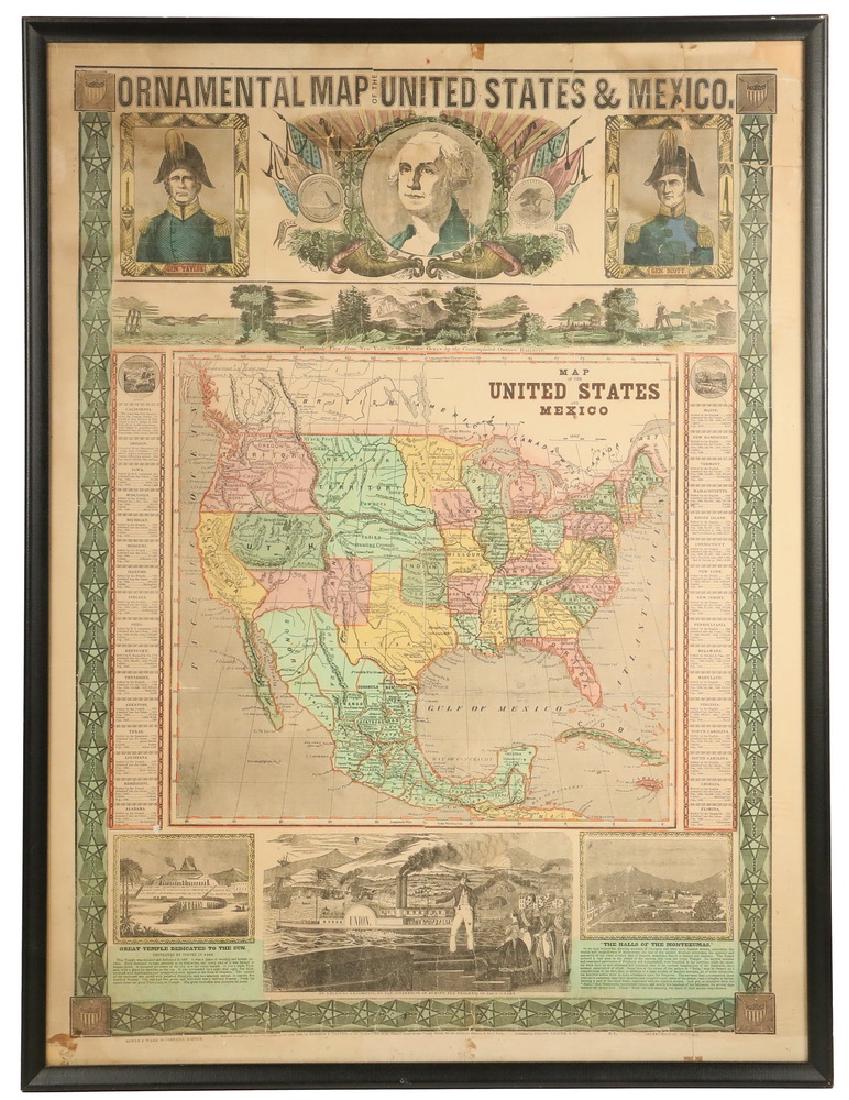 RARE EARLY AMERICAN MAP: "Ornamental Map of the United States & Mexico" sold by Sowle & Ward of Boston, published by Ensign & Thayer, 1848. Woodcut with hand coloring. A decorative broadside map produced during the Mexican-Am