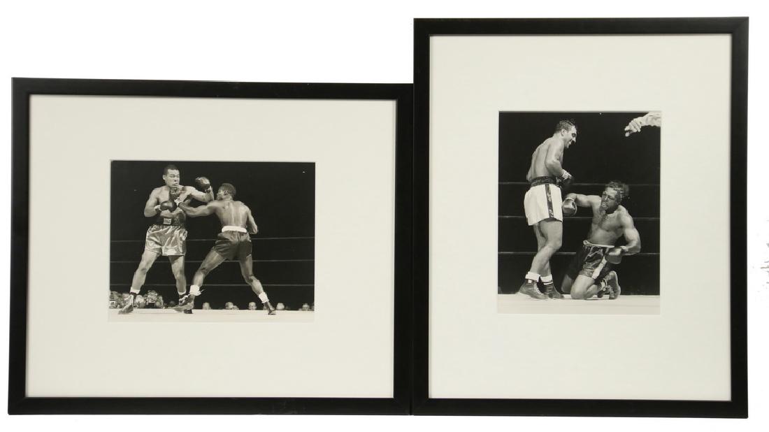 (2) B&W PHOTOS OF BOXING: Gelatin Silver Photographs of two fights: Rocky Marciano vs Archie Moore, Sept. 21, 1955, Yankee Stadium, Bronx, NY. Marciano defends the Heavyweight Championship of the World; Joe Louis vs Ezzard Cha