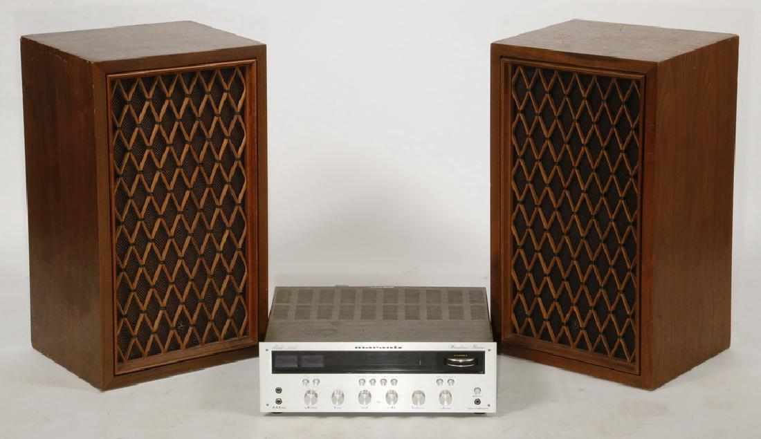 VINTAGE STEREO RECEIVER & PAIR SPEAKERS: Ca. 1970s Marantz 2245 Stereo Receiver and Pair of Pioneer CS-77 Speakers; receiver specs: 120V AC, 50-60HZ, 310W, sn#11245, 5 7/8" high, 17 3/8" x 14", working condition; wood cased speakers have pea