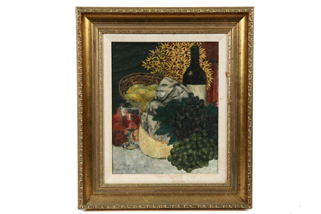 JOSSELIN BODLEY (UK, 1893-1974): Still Life with Basket of Fruit, Wine Bottle and Glass, oil on canvas , signed lower left, with Paris backstamp, marked 'No 84, Crock, Fruit & Wine' in charcoal, ca. 1920, in gilt deep cove frame and 