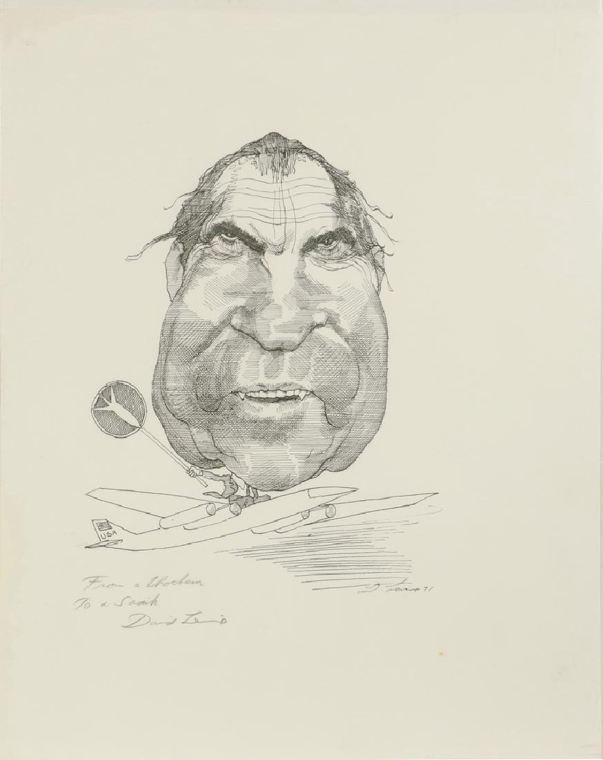DAVID LEVINE (NY, 1926-2009): Caricature of Nixon Riding a Bomber, ink on paper, signed lower right and dated '71, pencil inscribed "From a Chochem, To a Sadik, David Levine". Housed in a vintage plastic box frame, 14" x 11". Good