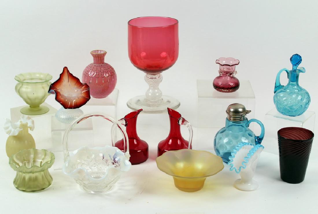 (15 PCS) VINTAGE ART GLASS: Collection of (15) Pieces of Assorted Vintage American Glass, including: Blue opalescent daisy and fern pattern swirled form cruet, with blue faceted stopper, 6" high; Pale yellow quilted satin cased 