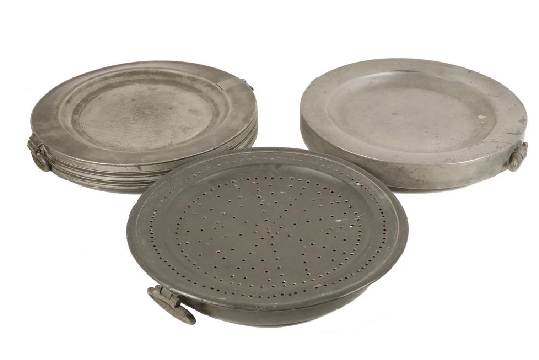 (3) ENGLISH PEWTER WARMING PLATES: Collection of (3) 18th-19th c. English Pewter Two-Handled Warming Plates, including: Warming Plate with detachable pierced top plate, marked on base 'Walker London', crowned 'X', and 'Superfine Hard M