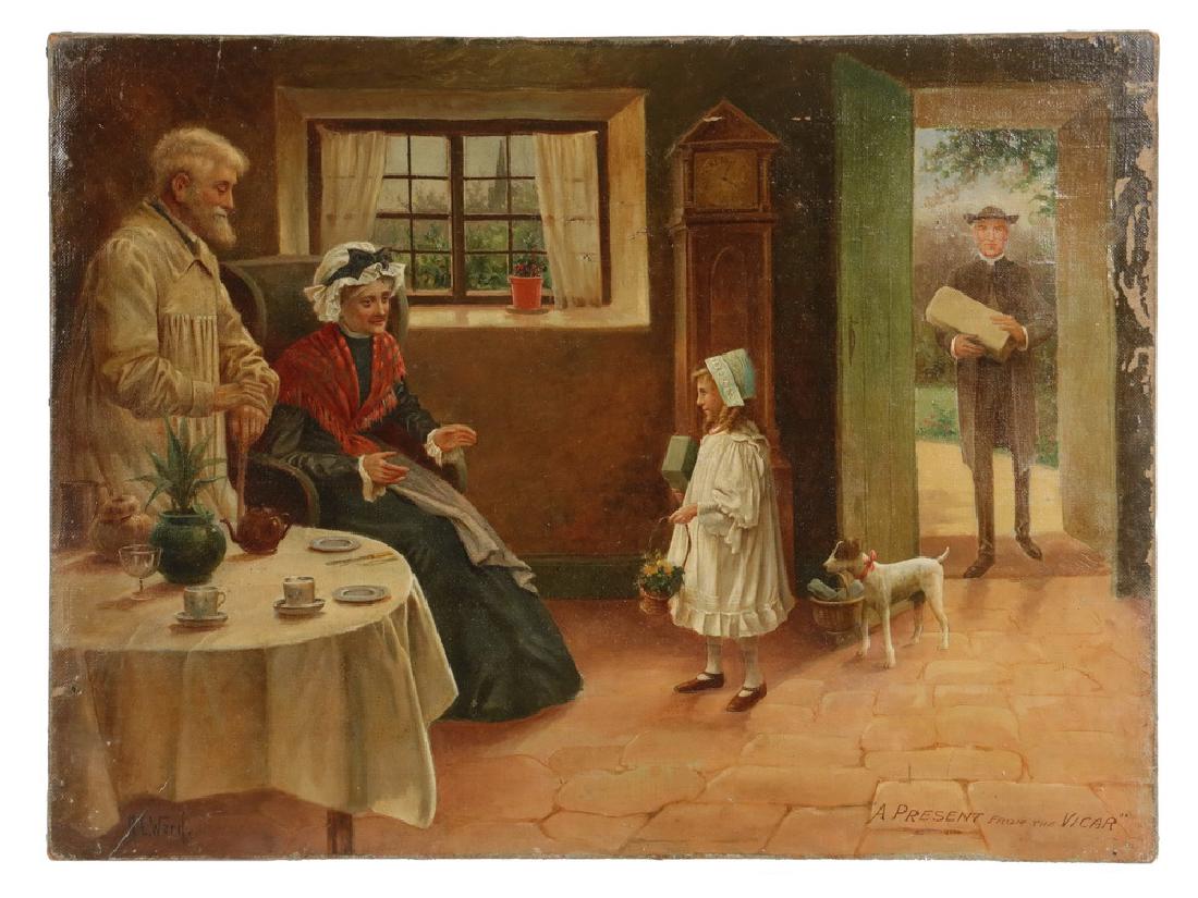 ARTHUR E. WARD (ME/UK, 1863-1928): "A Present from the Vicar", oil on canvas, signed lower left, titled lower right, depicting a young girl and her dog carrying baskets of gifts to an elderly couple in their cottage, the Vicar in the d
