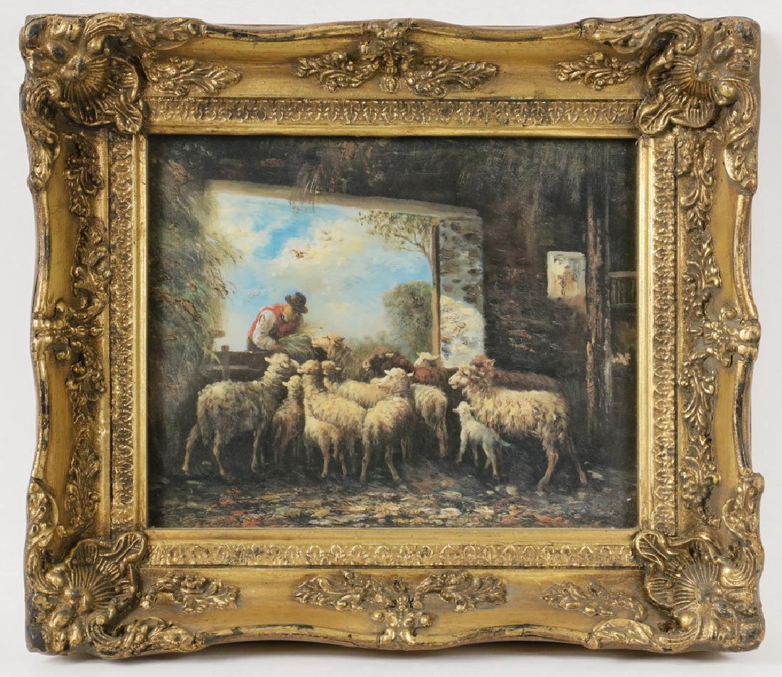 19TH C. OVERPAINTED DUTCH PRINT: Man Feeding Sheep in Barn, oil painting on a print, unsigned, printed label verso reads "Voortman Oranjestr Amsterdam", in gold gesso frame, under glass, OS: 12" x 14", SS: 7 1/2" x 9 1/2", fine condi