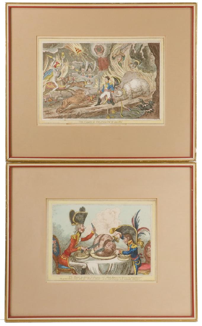 JAMES GILLRAY (ENGLAND, 1757-1815): (2) Napoleonic Era Political Cartoons: "The Valley of the Shadow of Death" & "The Plum-pudding in Danger", handcolored engravings dated 1808, in matching gilt, white and crimson stepped frame, matted