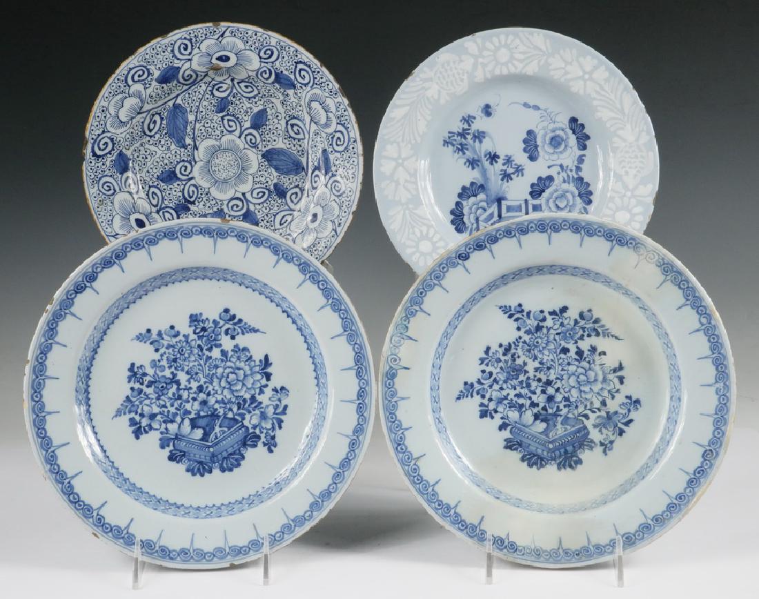 (4) DELFT PLATES: Collection of (4) 18th c. Blue & White Faience Tin Glazed Earthenware Plates, Dutch or English origin, including: (2) Floral decorated plates with swirl pattern rims, 10 1/4" diam., one repaired, both