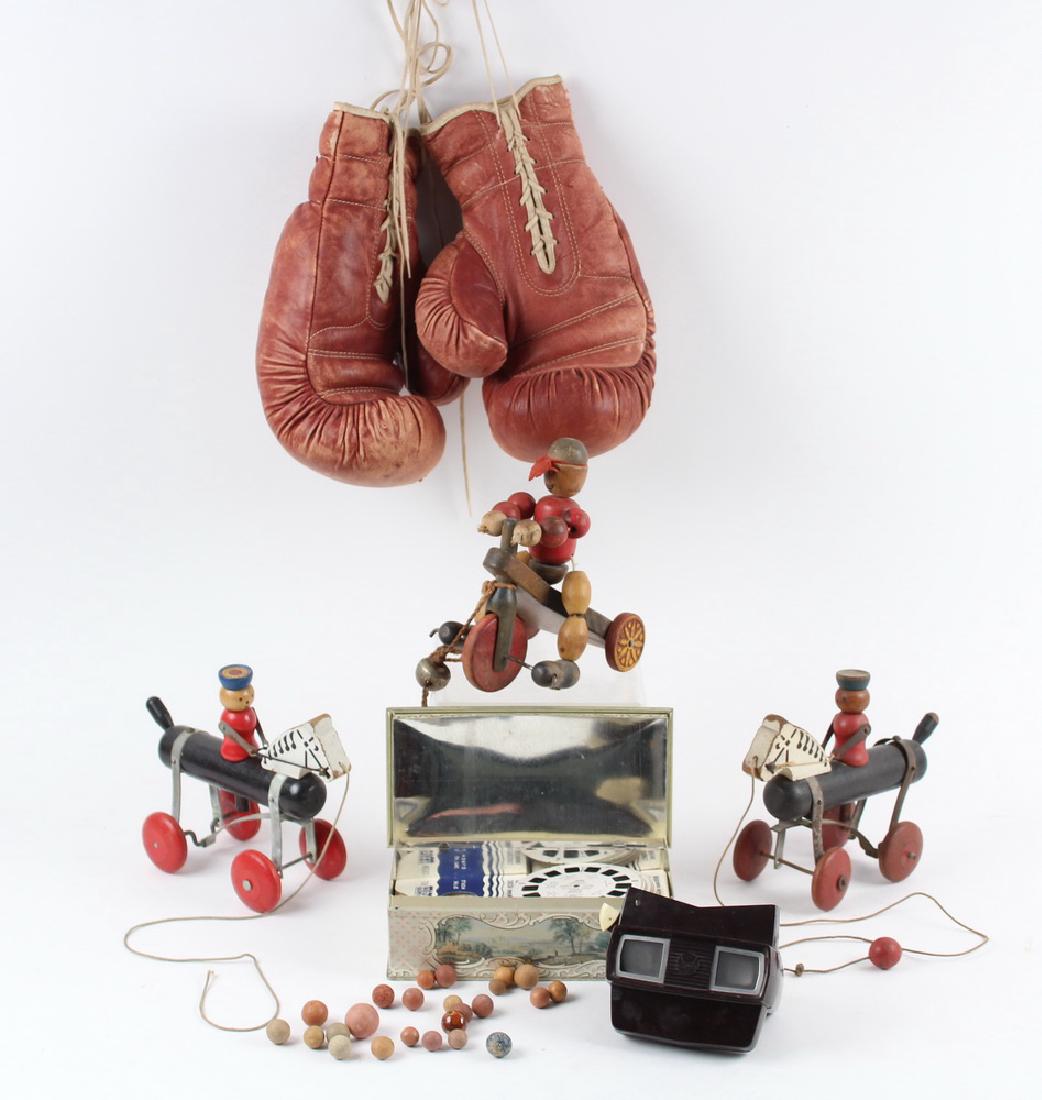 (6) VINTAGE ASSORTED TOYS: Collection of (6) Vintage Toys and Sporting Items, including: Pair of Goldsmith (Cincinnati, Made in USA) vintage 10-oz maroon leather boxing gloves, with laces, #187, 10 3/4" x 6 1/2", leather wear,