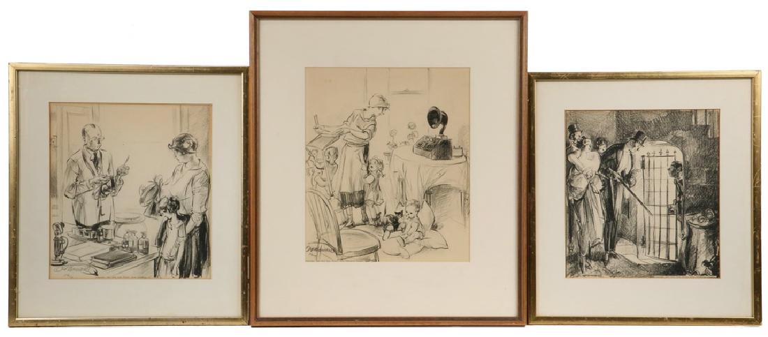 OSCAR FREDERICK HOWARD (CT, 1888-1942): (3) Original Ink & Conte Crayon Illustrations for the 'New York World' newspaper, all signed, dated 1924, including: Housewife with three children, cleaning, trying to listen to the radio: By this tim