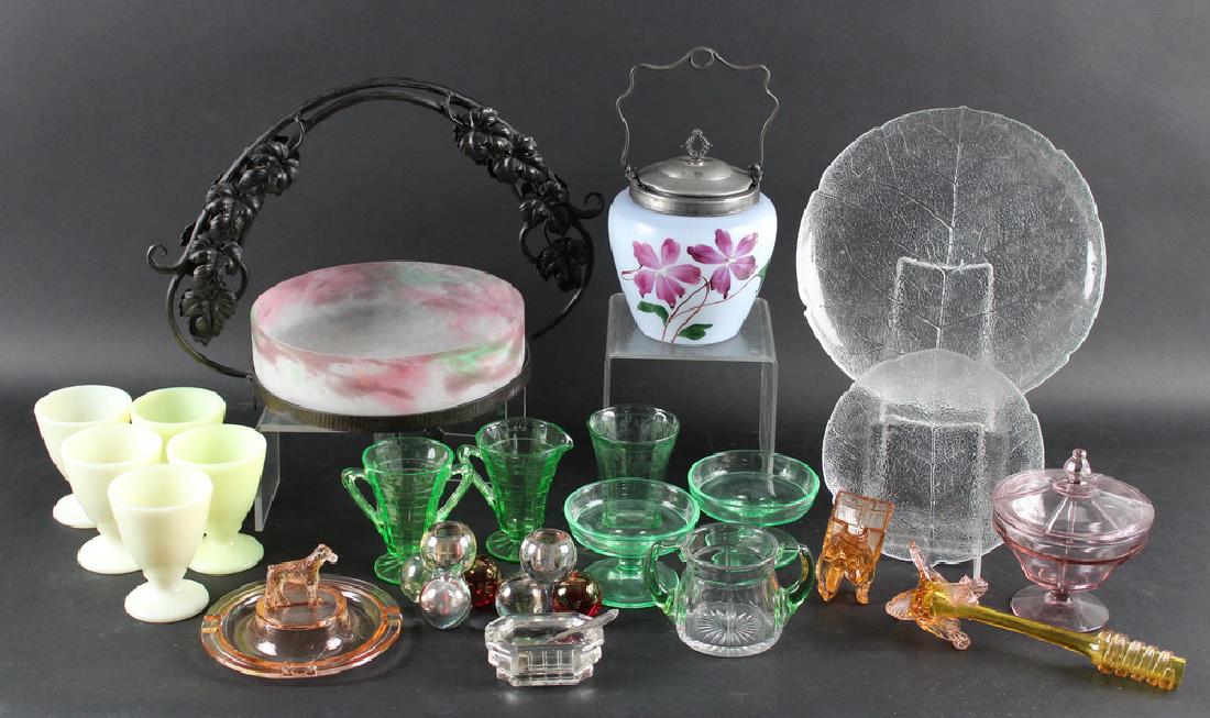 (20 PCS) ASSORTED GLASSWARE: Group of (20) Pieces of Assorted Vintage Glassware, including: Early 19th c. clear octagonal shape master open salt cellar with coin silver spoon by Wood & Hughes, NY, 3 1/2" wide, edge chips; (5) Opa
