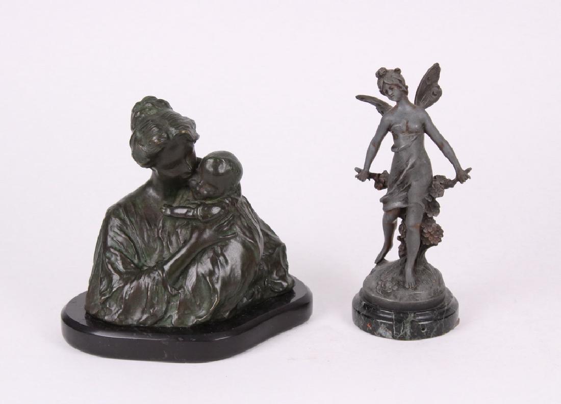 (2) COPIES OF 19TH C. SCULPTURES: Including: 'Mother and Child" by Bessie Potter Vonnoh (NY/CT, 1872-1955), in bronze, with polished slate base, signed on back, roughly 7 1/4" x 7" x 4" & Auguste Moreau "Fairy" by Auguste Moreau (Fran