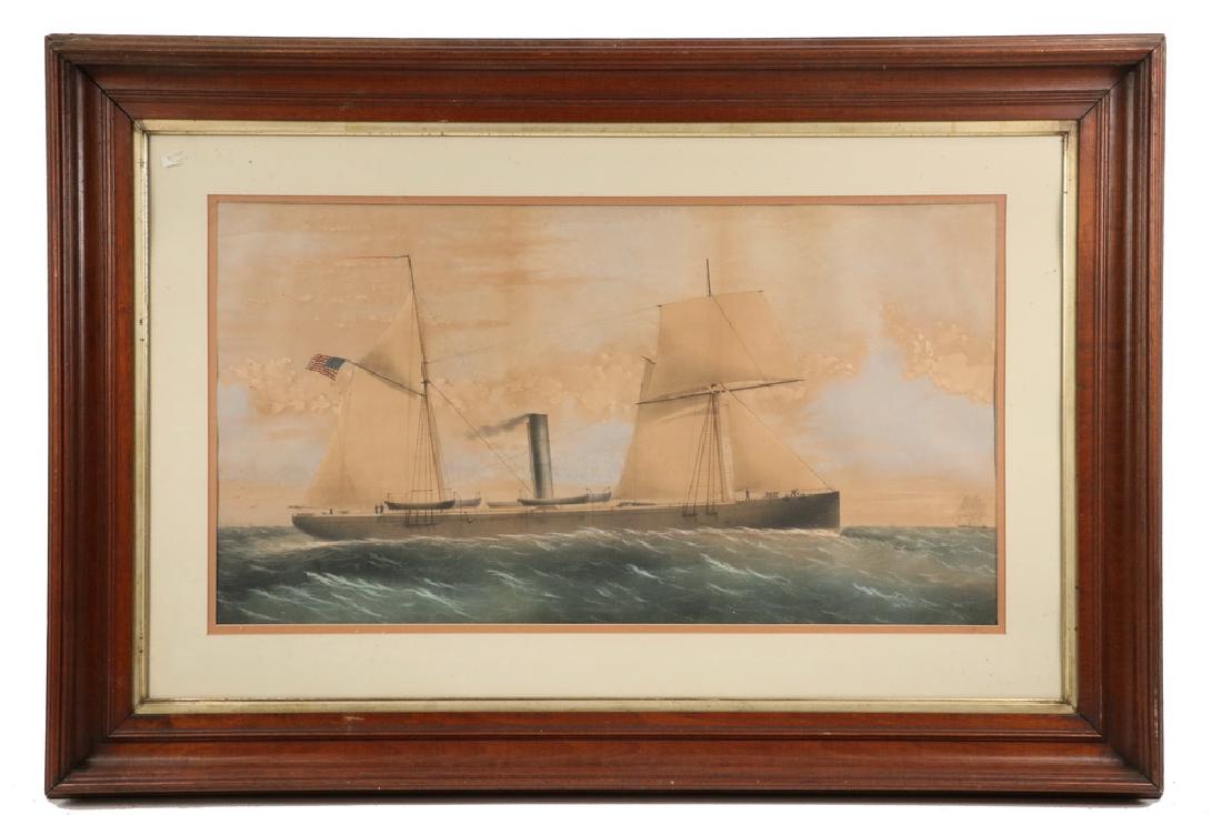 SHIP'S PORTRAIT: Late 19th c. Hand Colored Litho of a Single Stack Sail and Steam US Navy Ship, flush deck, bearing a single large cannon forward and a smaller one aft. Housed in red walnut frame with gilt liner, glaz