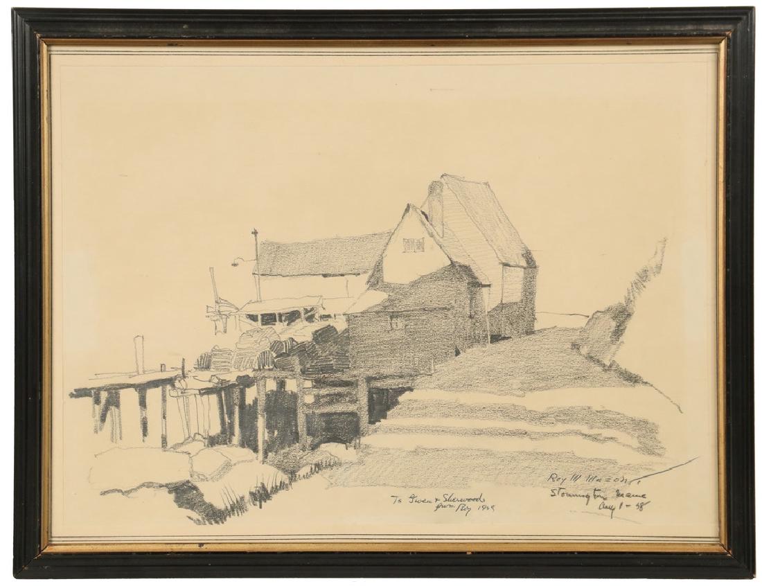 ROY MARTELL MASON (NY/CA, 1886-1972): "Stonington, Maine, Aug 1, 58", graphite on paper, signed, titled and dated lower right, inscribed "To Gwen & Sherwood, from Roy, 1958", depicting a lobster shack. In black molded frame, under glass,