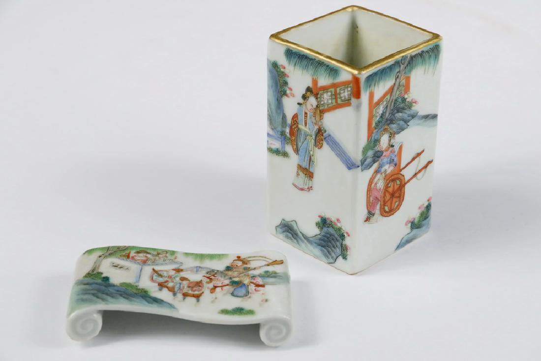 (2 PCS) CHINESE PORCELAIN: (2) Pieces of Late 19th c. Chinese Polychrome Enameled Porcelain, both with figural decoration, including: Square shaped brush washer, gilt top rim, 3 1/2" high, 1 7/8" square; and Brush or wrist rest