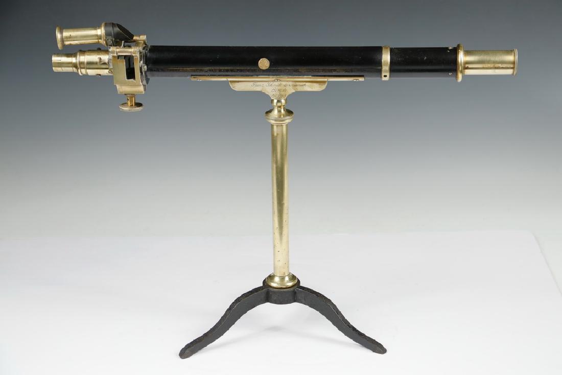 BRASS SACCHARIMETER: Late 19th - Early 20th c. Brass Polarimeter Saccharimater by Franz Schmidt & Haensch, Berlin, No. 3363, on iron tripod stand, used for determining the strength of sugar solutions, 15" high, 20 1/2" x 