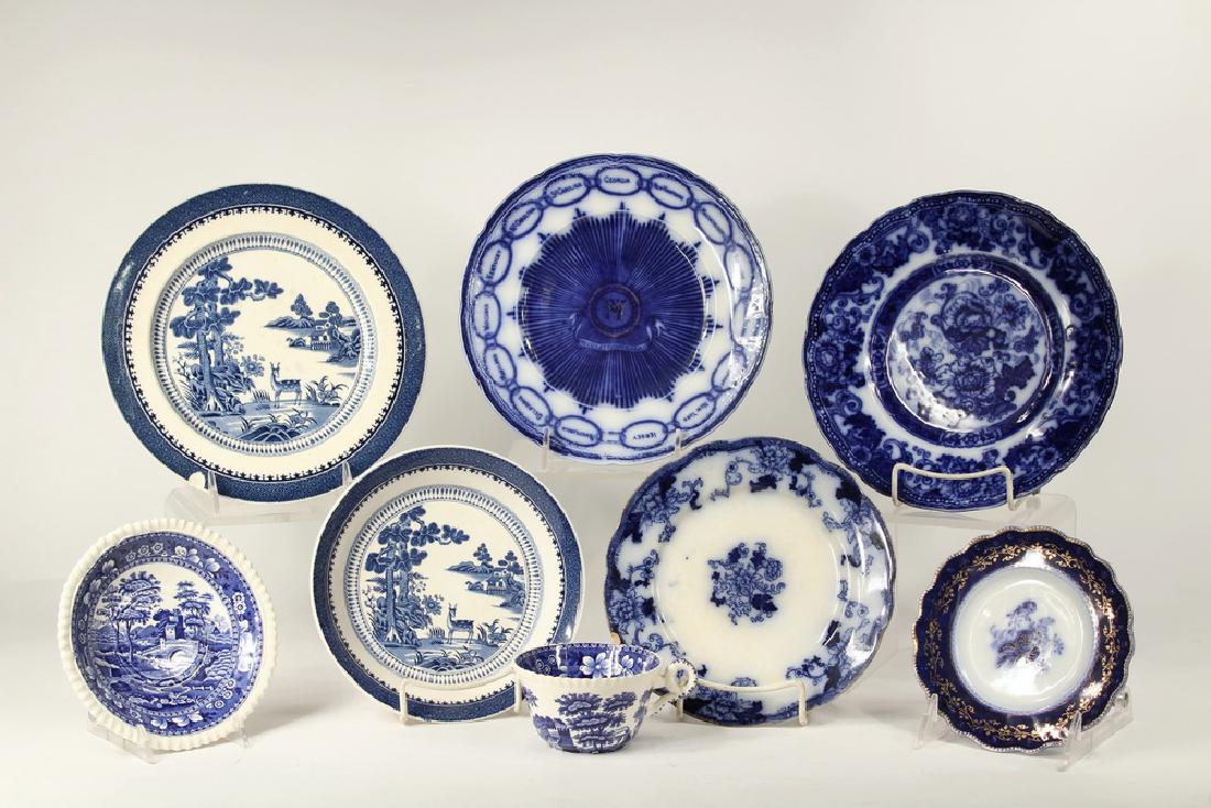 (25 PCS) BLUE & WHITE CHINA: (25) Piece Lot of English Blue & White Transferware and Flow Blue China, including: (12) Pieces of Copeland Ironstone in the blue Spode's Tower pattern, mid-20th c., (5) 2 1/8" high Cups and (7) 5 7/8