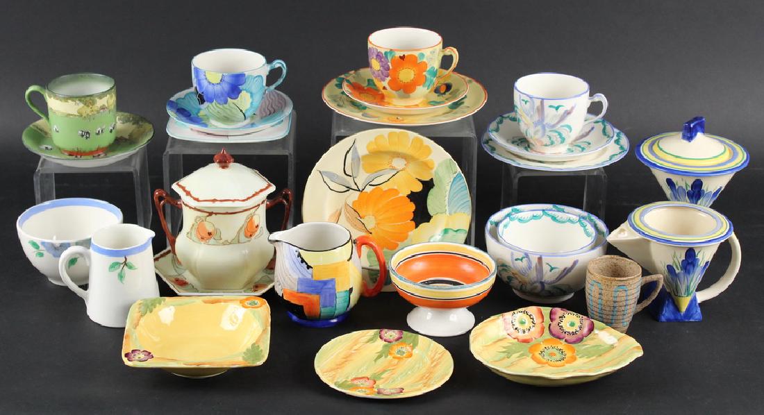 (26 PCS) ART DECO ERA POTTERY: Collection of (26) Pieces of Art Deco Era China, mostly English, including: (2 Piece) sugar and creamer set, 'Moorland 96, Staffordshire Chelsea Works, Burslem, D. Sherwin 97', crocus design decoratio