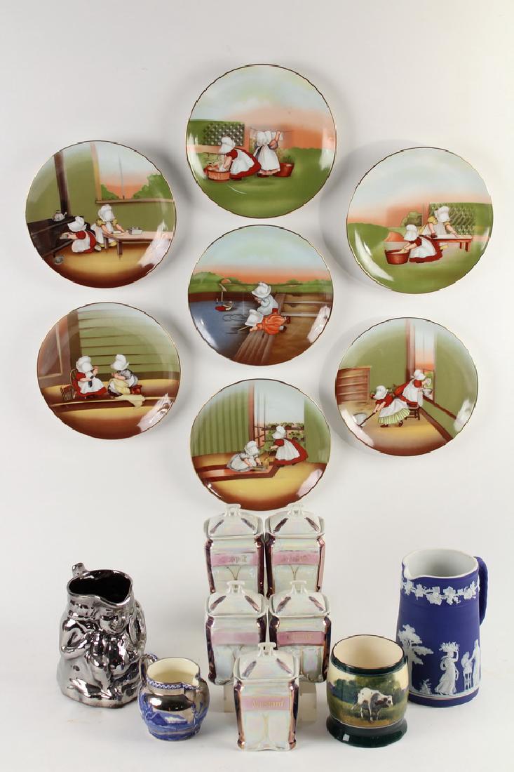 (16 PCS) FINE AND COLLECTIBLE PORCELAIN: Group of (16) Assorted Pieces of Collectible Porcelain, including: English late 19th-early 20th c. silver lustre toby jug, unmarked, 5 1/4" high, 6" wide; Wedgwood dark blue jasperware jug, with class