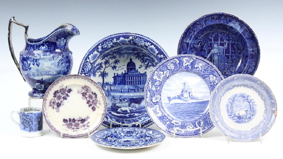 (8 PCS) STAFFORDSHIRE POTTERY: Collection of (8) Pieces of Staffordshire Transferware Pottery, including: Large Dark Blue Ironstone Pitcher, early 19th c., 'Views of the Erie Canal', 10" high, restored handle, rim chip; Child's Bla
