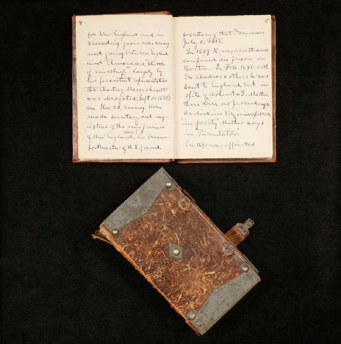 (2) LEATHERBOUND BOOKS: Genealogical History of John Carroll Perkins, along with notes on eccelsiastical history of England and political notes on FDR, 7 1/4" x 5 1/4"; PLUS an early German text in Gothic type "Price and Hon