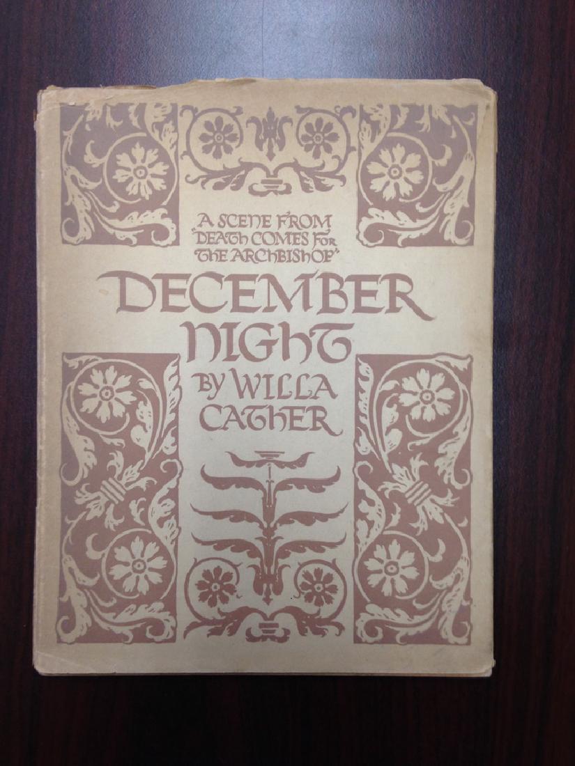'DECEMBER NIGHT' BY WILLA CATHER, A SCENE FROM 'DEATH: 'December Night', Alfred A. Knopf, New York, 1933, 1st Edition, by Willa Cather. 12 pp., 9" x 7", in black and red ink. Dust jacket. Illustrations by Harold Von Schmidt. Dust jacket toned and chipped.