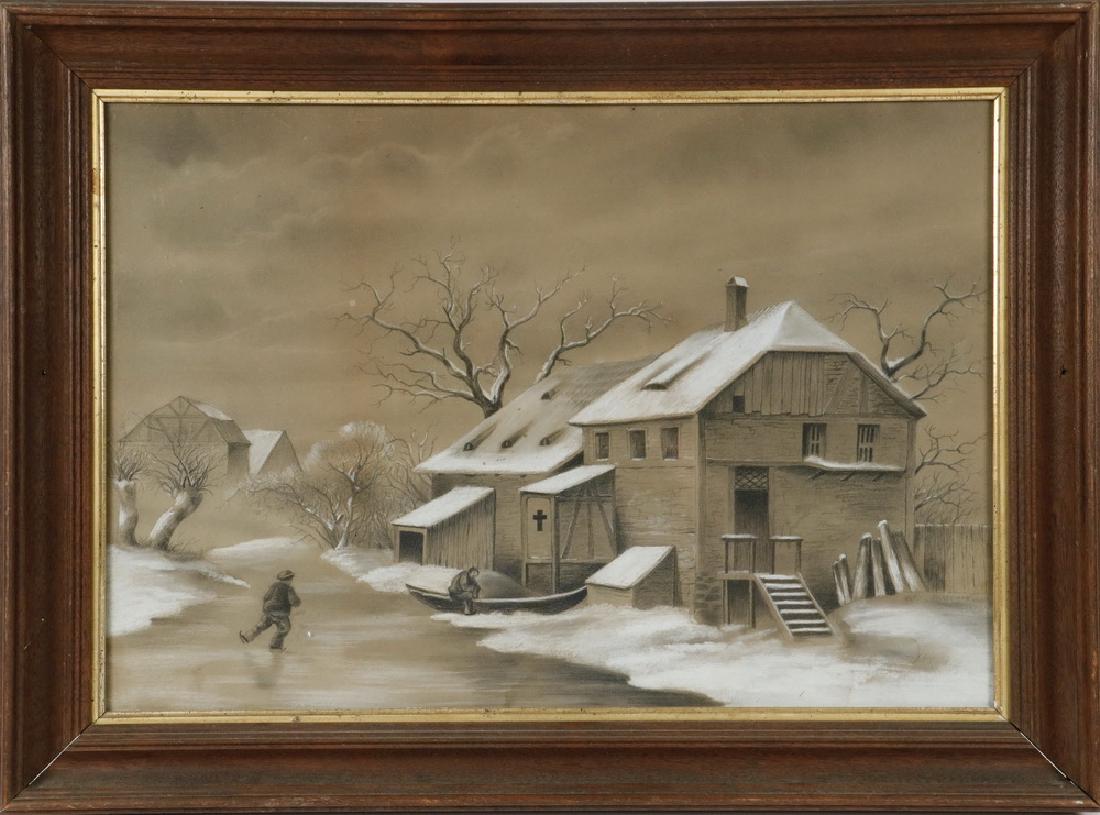 19TH C. DUTCH PASTEL: Winter Landscape with Buildings and Figures along Canal, rendered in black and white chalk on buff paper, in red walnut frame with gilt liner, under old rippled glass. OS: 17" x 23 1/2", SS: 13" x 19"
