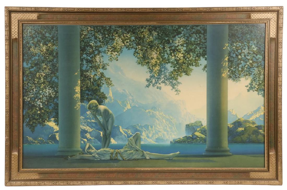 MAXFIELD PARRISH (NH, 1870-1966): "Daybreak", a 1920s chromolithograph with title block verso, in the original frame, under glass, OS: 21 1/2" x 33 1/2", SS: 17 1/2" x 29 1/2". Good condition.