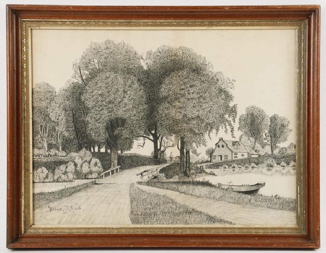PEN & INK DRAWING: Homestead Landscape, pen and ink on paper, signed lower left 'Natalie B. White' (poss. Natalie White, CA, 1890-1974), in wooden frame with gilt lip, SS: 12 1/2" x 17 1/4", OS: 16" x 20 1/2". Minor ton