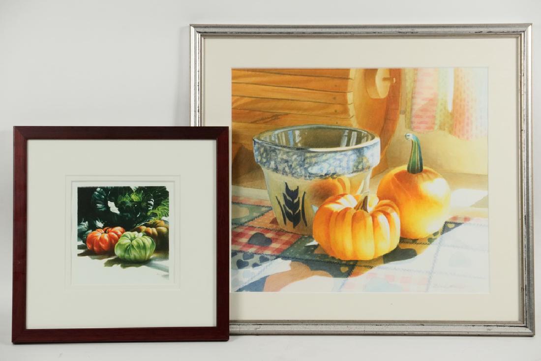 ROBBIE LAIRD (CONTEMPORARY CA/SC): (2) Framed Giclee Prints: Tomatoes and Chard, mahogany box frame, OS: 10" square, SS: 4 3/4" square; PLUS Pumpkins with Crockery Bowl, silver molded frame, matted and glazed, OS: 14 1/2" x 16", SS: 10