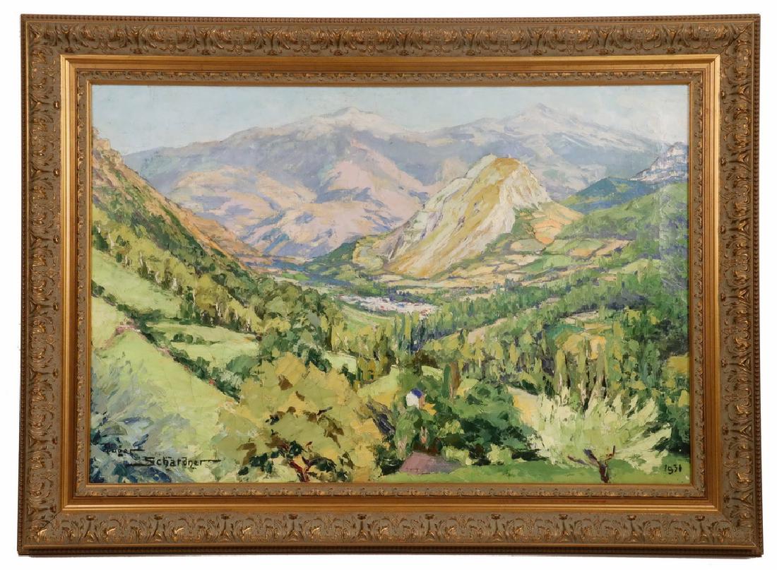 ROGER SCHARDNER (FRANCE, 1898-1981): Mountain landscape, oil on canvas, signed lower left, dated 1931, in molded gold metal leaf replica frame, SS: 21" x 31", OS: 28" x 38". Fine condition.