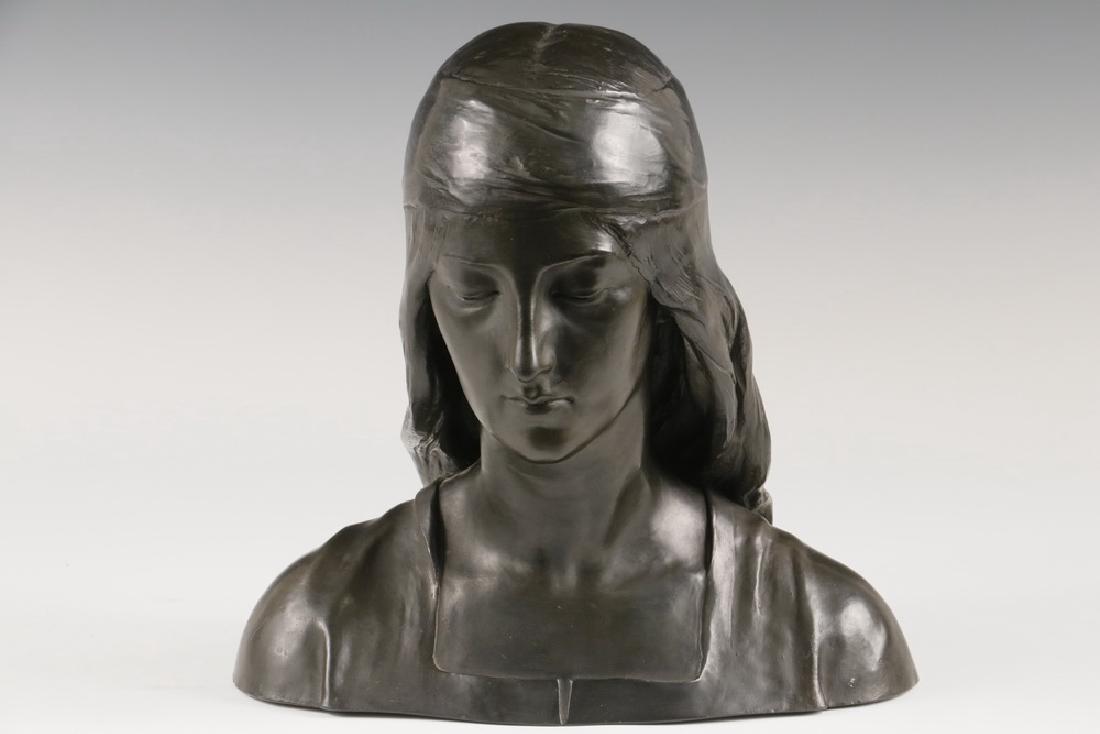 JEAN GAUTHERIN (FRANCE, 1840-1890): Young Female Portrait Bust, glazed clay sculpture, also initialed 'CFN COP, 1892' and marked 'LP Jorgenson', 11" high, 11 3/4" x 5". Fine condition.