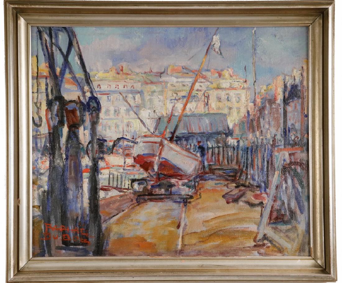RAPHAEL DUBOIS (BELGIUM/FRANCE, 1888-1960): Impressionist Ship at Drydock, ca. 1930, oil on canvas, signed lower left, in custom silver leaf frame, SS: 18" x 21", OS: 21 1/2" x 25". Fine condition.