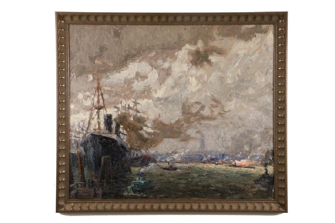 GEORGE LEHMANN-FAHRWASSER (GERMANY, 1887-1977): "In Hamburg Harbor", oil on panel, signed lower right, in a custom molded wood frame, SS: 23" x 27". OS: 26" x 30 1/2". Good condition.