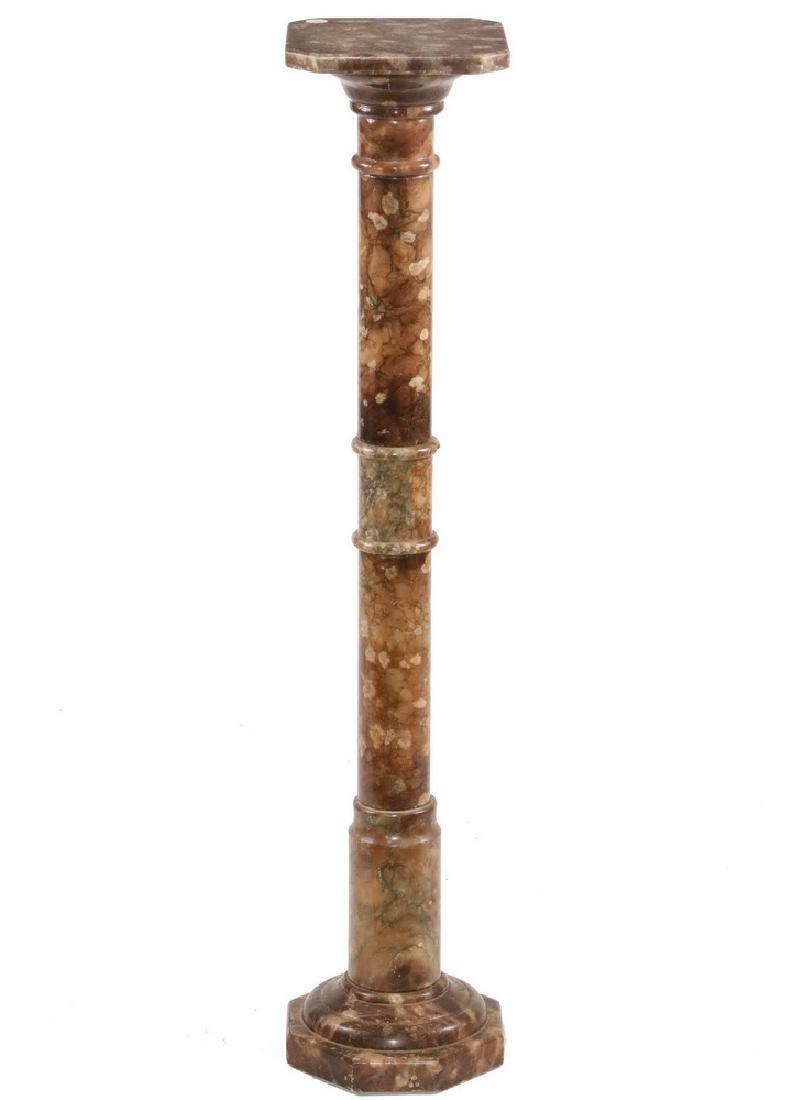 ALABASTER PEDESTAL: Carved Brown Alabaster Pedestal, with octagonal platform base, 37" high, 8" diam. One small chip on central ring.