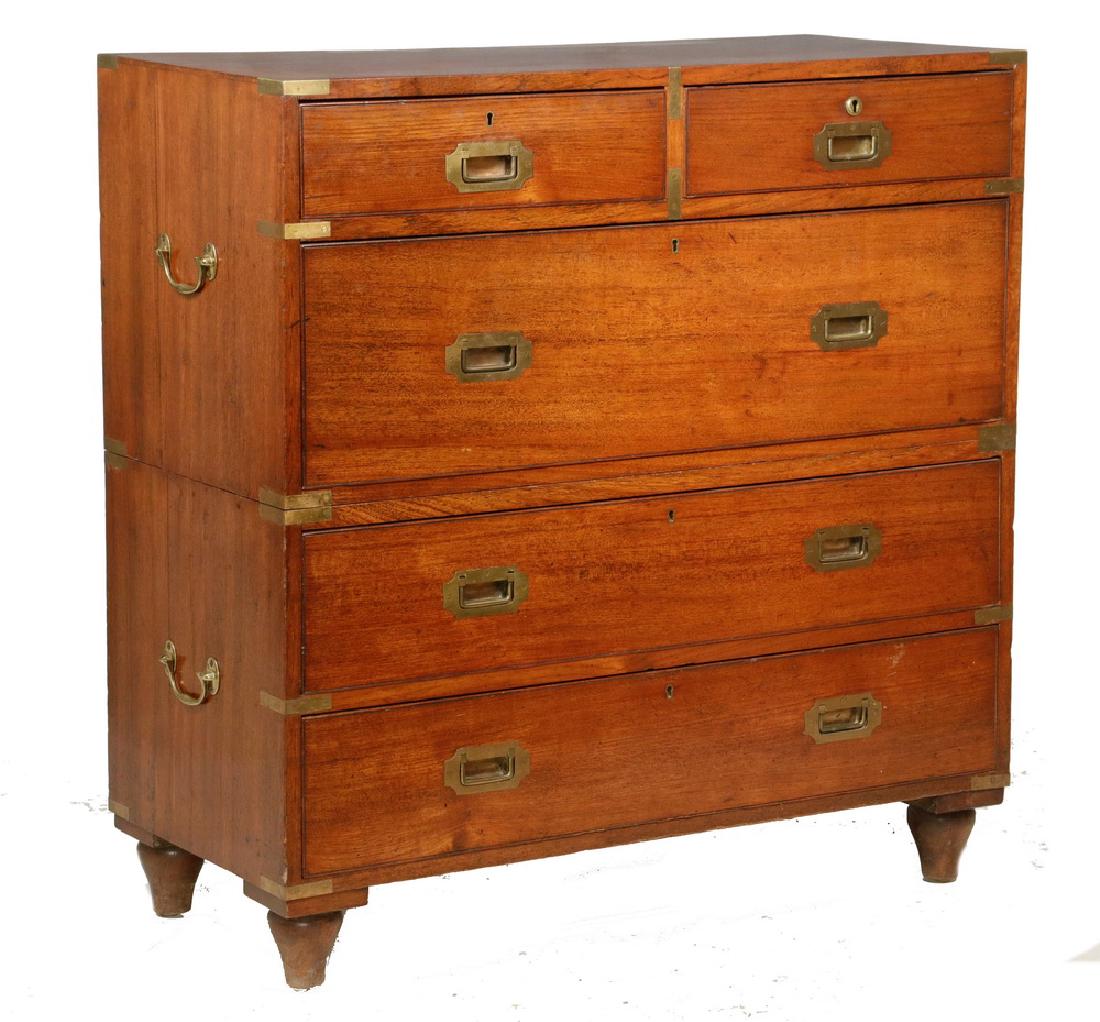 TWO-PART CAMPAIGN CHEST: 19th c. English Mahogany Officer's Chest with flush mount brass pulls and corners, brass bail lift handles (one off but present), the upper cabinet having two over one deep drawer, the lower with two 