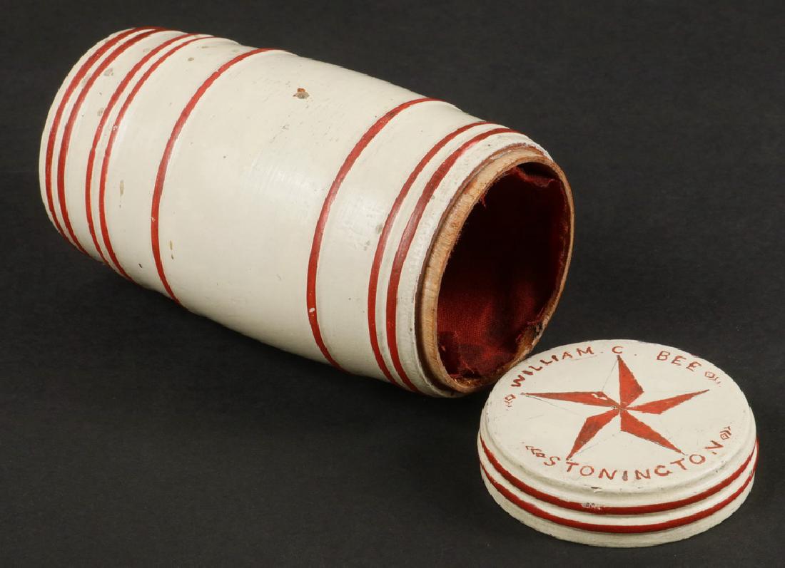 SAILOR'S TREENWARE NEEDLE CASE: Painted Barrel Form Case, painted in white with red detailing and labeled "Willism C. Bee, Stonington", a schooner built in that town, for the company of the same name in Charleston, S.C. Owned by Cha