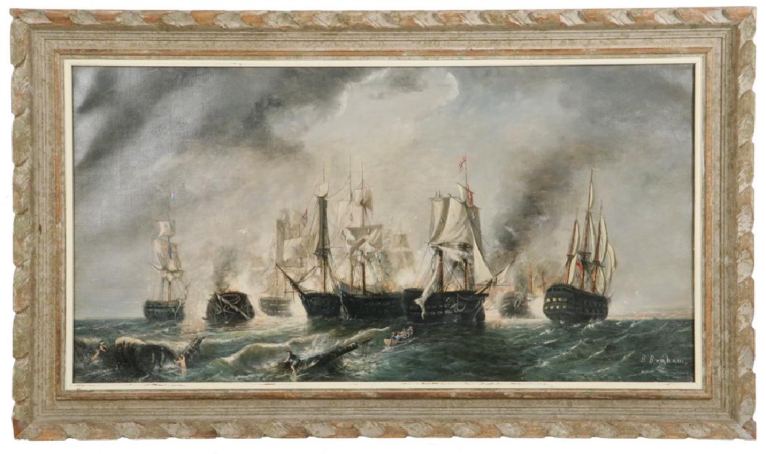 19TH C. BRITISH MARINE ARTIST B. BRAHAM: The Battle of Copenhagen 1801, oil on canvas, signed lower right, in carved wooden frame with buff liner, OS: 18" x 31", SS: 13 3/4" x 23 3/4". Good condition. This was the first of two battles which