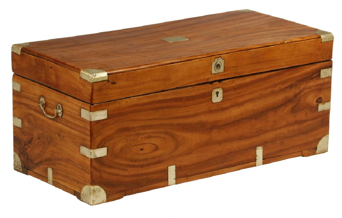 CHINA TRADE TRUNK: Very Nice Cantonese Camphorwood Trunk, highly figured, mid-19th c., with brass bound banding and original end lifts, blind dovetailed, 15 1/4" x 36" x 16 1/2". Fine refinished condition.