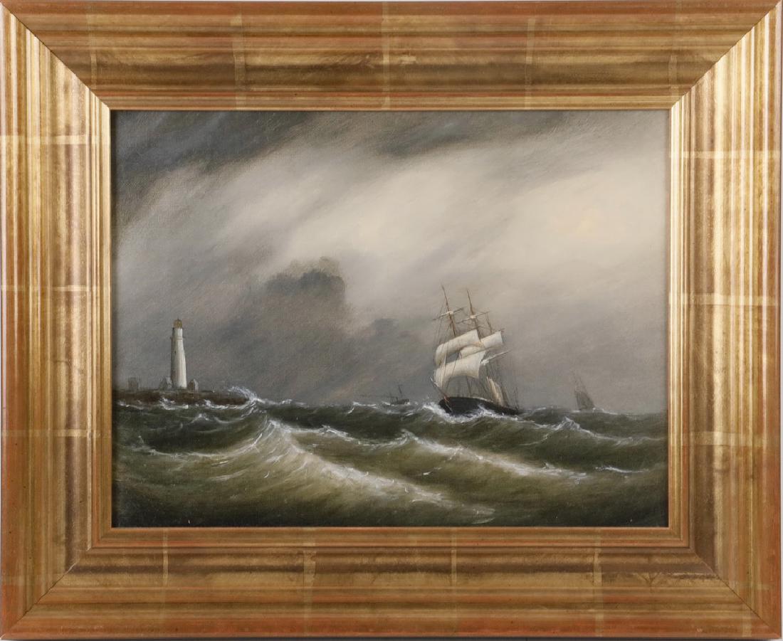 CLEMENT DREW (MA, 1806-1889): "Boston Light, Bark Leaning In, South East Gale, 1883", oil on canvas, signed titled and dated verso, with Frost & Adams Artist's Supply label, No. 37 Cornhill, Boston. (At this address 1880-1919), in