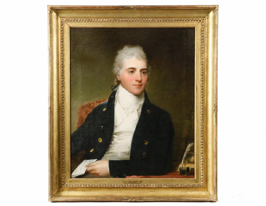 GILBERT CHARLES STUART (MA/RI/UK, 1754-1828): NOTE: Online bidding is not available for this lot. Please contact the auction house for bidding instructions. Portrait of a Handsome Young Gentleman with powdered hair, seated at a desk with letter i