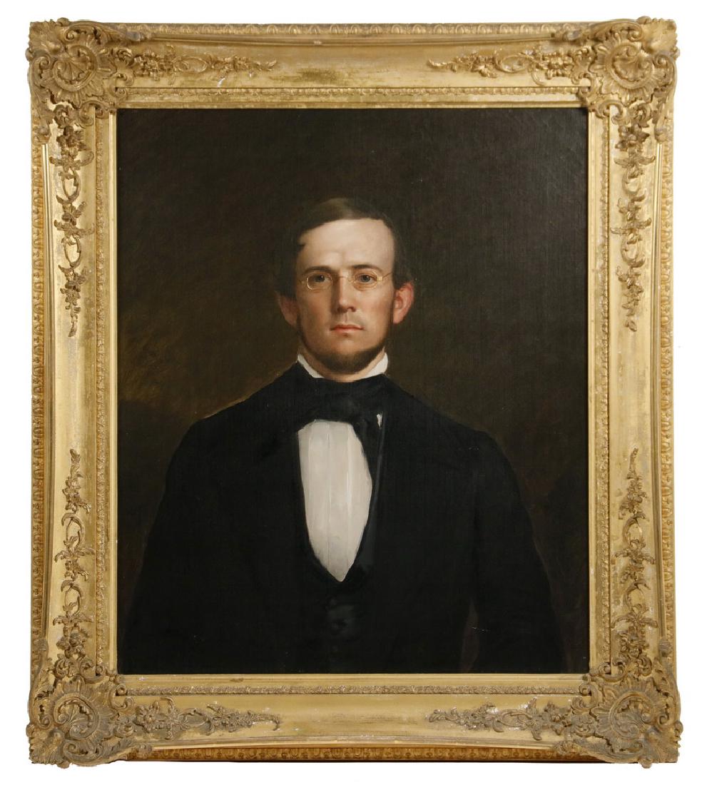 ALBERT GALLATIN HOIT (MA/NH, 1809-1856): Portrait of a Young Man with Gold Spectacles, oil on canvas, unsigned but with family provenance giving artist, preparer's stencil verso reads "J.J. Adams, 99 Washington St, Boston", in the original g