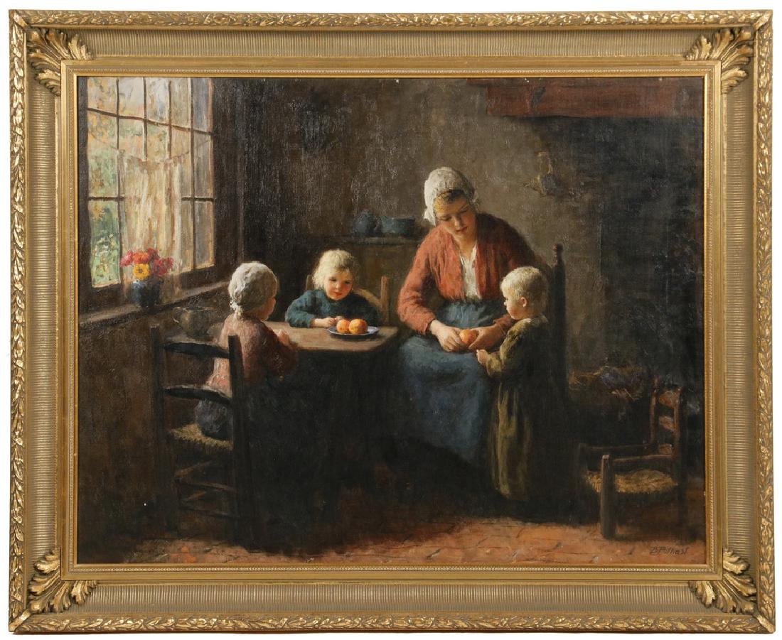 BERNARD POTHAST (NETHERLANDS/BELGIUM, 1882-1966): 'The Frugal Meal", oil on canvas, depicting a woman with three small children and an apple for each, seated at an interior window, signed lower right, in ornate gilt matched corner ribbed cove frame,