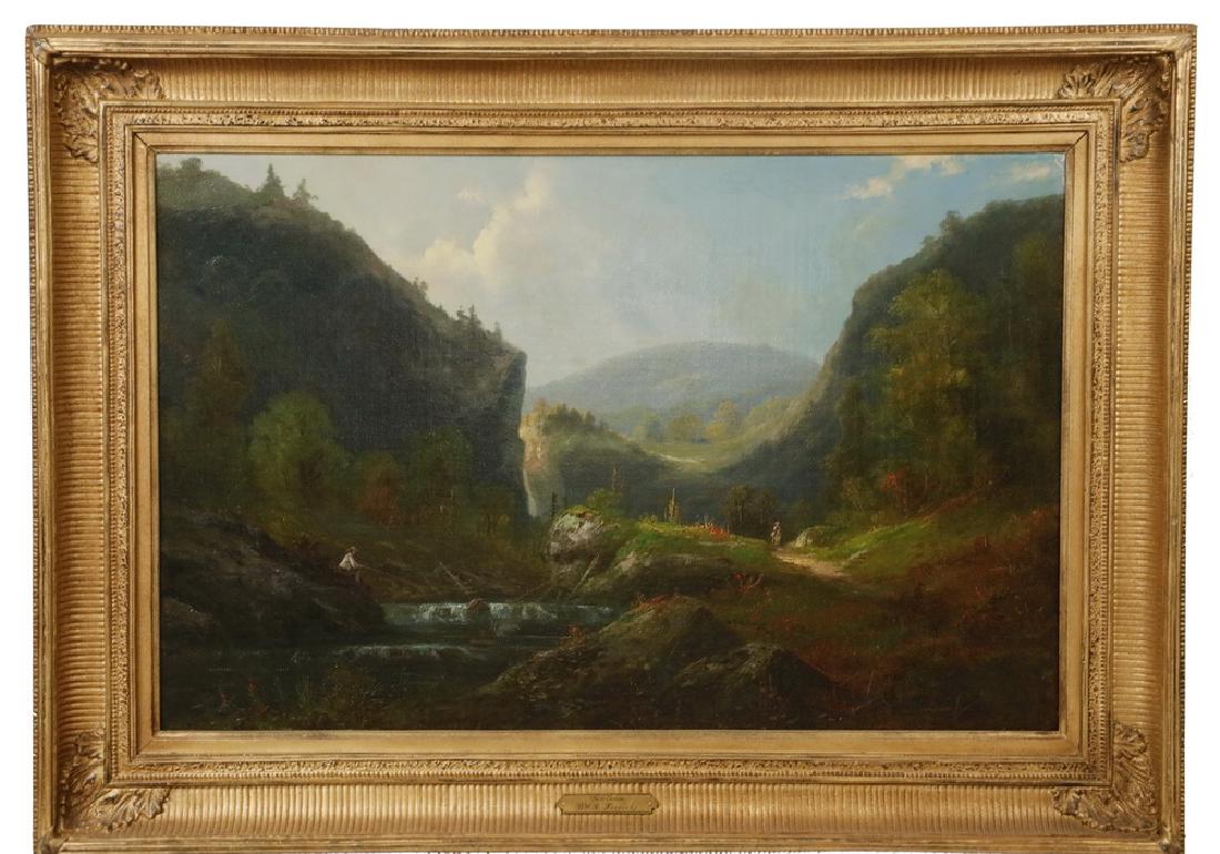 WILLIAM CHARLES ANTHONY FRERICHS: "North Carolina", oil on canvas, possible monogram lower left, depicting a mountain waterfall with man fishing while another approaches on horseback, in what may be the original gilt cove matched corn