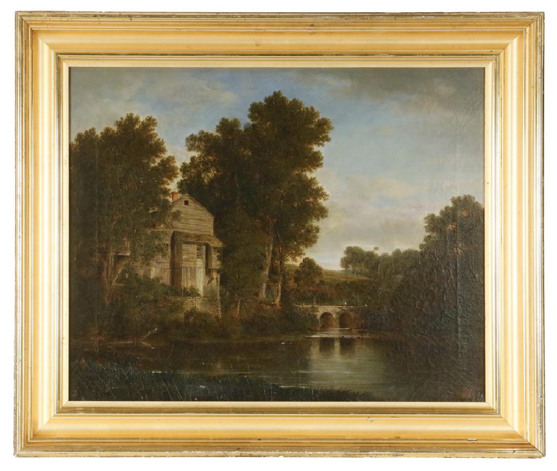 DAVID JOHNSON (NY, 1827-1908): "A View at 'Parker Hollow', near Trenton Falls, Oneida Co., NY", oil on canvas, initialed lower right, signed and titled verso, also marked "Mill & Bridge, Trenton Falls" in pencil on stretcher, in vi