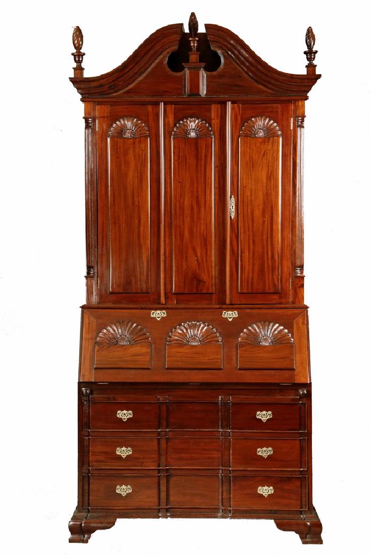 RHODE ISLAND SHIP BUILDER'S SECRETARY: Fine Custom Three-Part Chippendale Block Front Secretary, built in the John Brown Shipyard in Warren, RI, 1840-1860. Solid Figured Mahogany throughout, including secondary, with all parts marked to kn