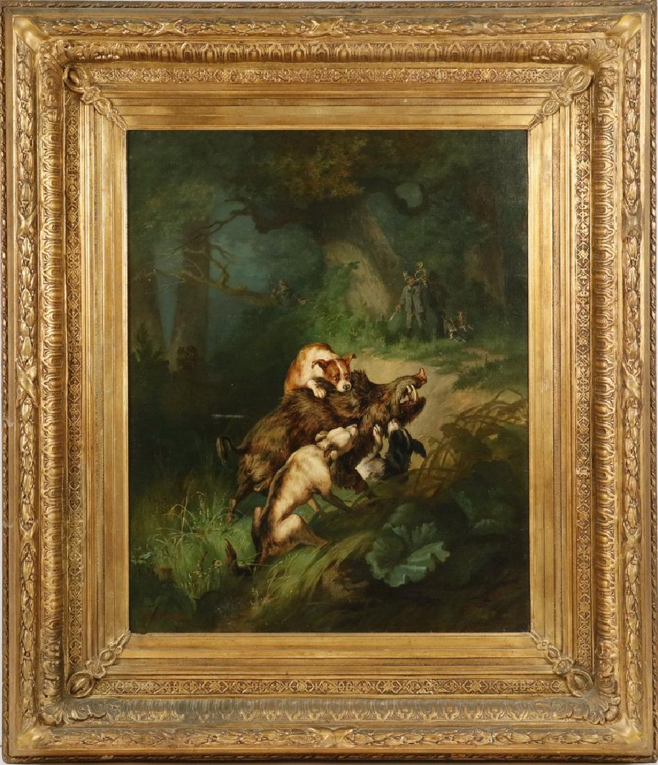 CARL GERBER (GERMANY, 1839-1866): "The Wild Boar Hunt", oil on canvas, signed lower left, depicting three hounds attacking a boar while their owner sounds his horn in the dark forest, housed in the original magnificent Victorian gilt 