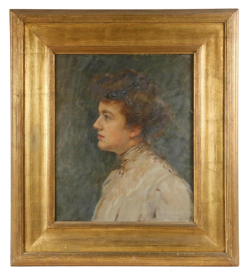 LATE 19TH C. PARIS SCHOOL: Proto-Impressionist Profile Portrait of a Lovely Young Auburn Haired Woman in a white blouse with high collar and a gold brooch, oil on canvas, unsigned, stenciled verso by Blanchet of Paris Artists S
