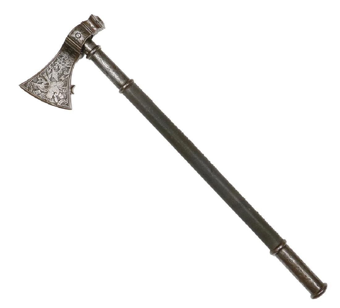 18TH C. INDO-PERSIAN / BALKAN OTTOMAN AXE: Saddle Tabar, in engraved and silvered steel, with scarce decoration of Implements of War, hammer heel, blossom topped shaft, crescent moon applique, fine metal mesh faux shagreen tacked by alternatin