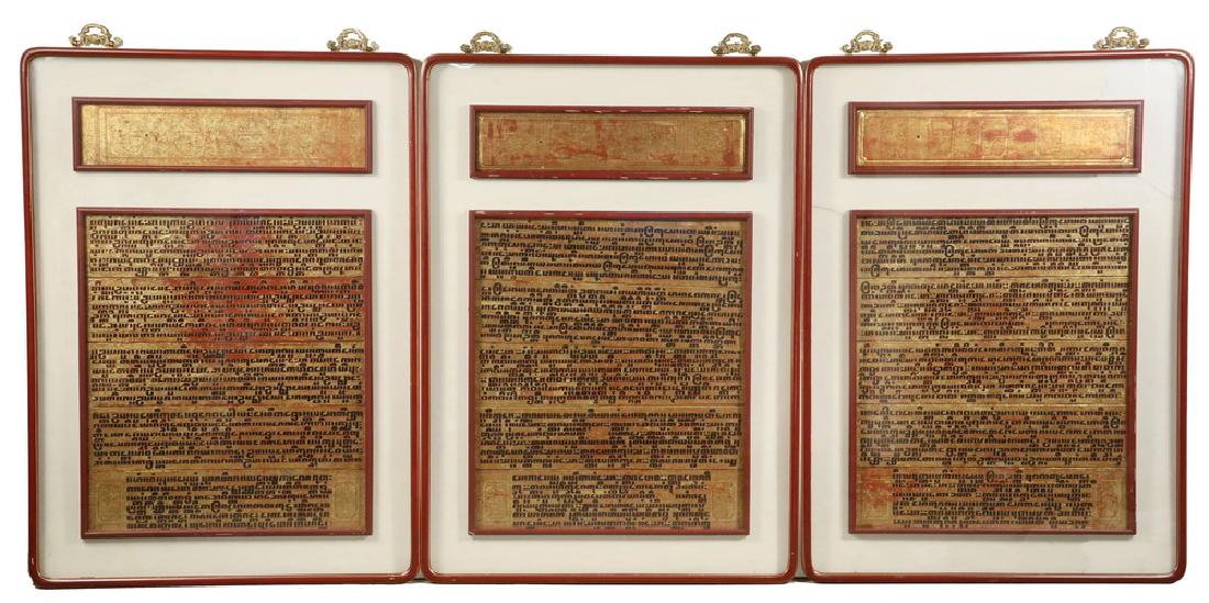 (3) FRAMED BURMESE TABLETS: Burmese Buddhist Bible Sanskrit Scripture, Kammavaca Palm Leaf Prayer Manuscripts, in black lacquer text on gilt tablets, with the cover displayed above. Usually made by a monk in the temple and featu