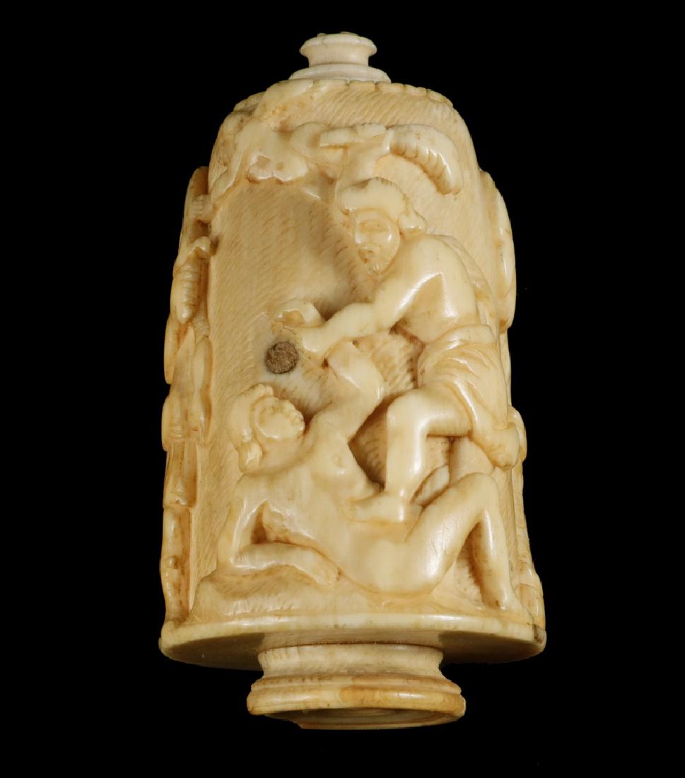 PORTUGUESE/INDIAN BONE SNUFF BOX: Well Carved 19th c. Goanese Carved Bone Vessel, featuring the Christian narrative of Cain and Abel, the Burning Bush, and the Angel Staying the Hand of Abraham form slaying his son Isaac; the base has